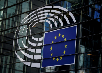 A picture taken on May 28 in Brussels shows the logo of the the European Parliament. (Photo by kenzo tribouillard / AFP) (Photo by KENZO TRIBOUILLARD/AFP via Getty Images)