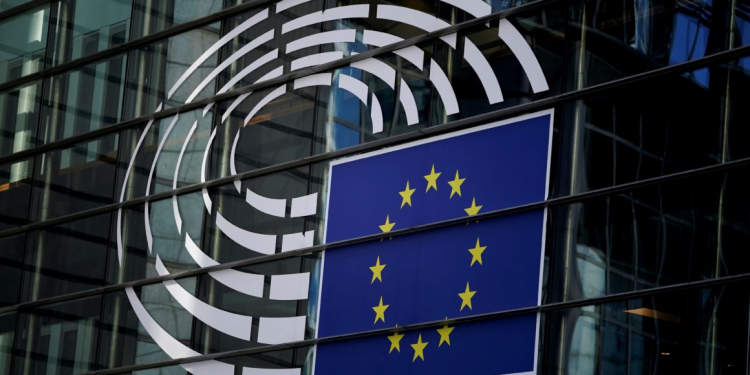 A picture taken on May 28 in Brussels shows the logo of the the European Parliament. (Photo by kenzo tribouillard / AFP) (Photo by KENZO TRIBOUILLARD/AFP via Getty Images)