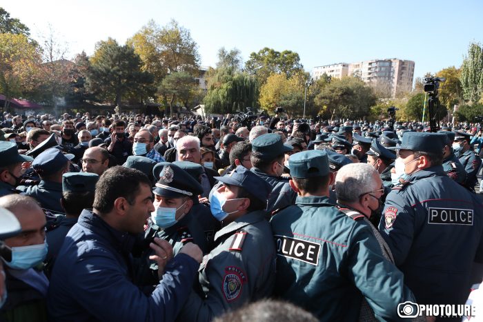 Police arrests the protesters of 17 opposition parties who demand RA PM Nikol Pashinyan to step down after  signing agreement with the leaders of Russia and Azerbaijan to declare truce, Freedom Square of Yerevan, Armenia