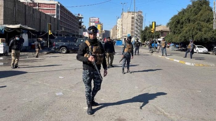 Iraqi security forces keep guard the site of a suicide attack in Baghdad, Iraq January 21, 2021. REUTERS/Thaier al-Sudani