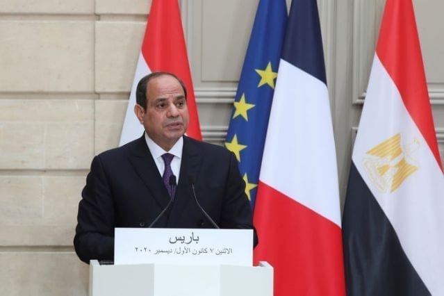 FILE PHOTO: Egyptian President Abdel Fattah al-Sisi speaks during a joint news conference with French President Emmanuel Macron at the Elysee palace, France December 7, 2020. Egyptian President Abdel Fattah al-Sisi is paying a state visit to France for talks on fighting terrorism, the conflict in Libya and other regional issues. Michel Euler/Pool via REUTERS