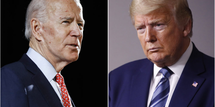 FILE - In this combination of file photos, former Vice President Joe Biden speaks in Wilmington, Del., on March 12, 2020, left, and President Donald Trump speaks at the White House in Washington on April 5, 2020. (AP Photo, File)