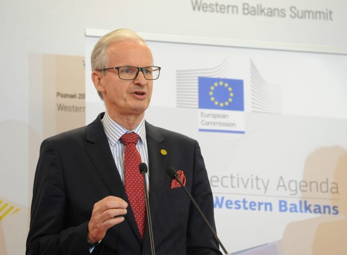 Director General Christian Danielsson speaks at a press conference during the Western Balkans Summit in Poznan on July 4, 2019