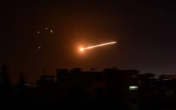 A handout picture released by the official Syrian Arab News Agency (SANA) on February 24, 2020, reportedly shows Syrian air defence intercepting an Israeli missile in the sky over the Syrian capital Damascus. - Six pro-Syrian regime fighters were killed in overnight Israeli air strikes near Damascus, the Syrian Observatory for Human Rights said. Two members of the Islamic Jihad militant group and four pro-Iran fighters in Syria were killed when Israeli aircraft targeted the group late on February 23. (Photo by - / SANA / AFP) / == RESTRICTED TO EDITORIAL USE - MANDATORY CREDIT "AFP PHOTO / HO / SANA" - NO MARKETING NO ADVERTISING CAMPAIGNS - DISTRIBUTED AS A SERVICE TO CLIENTS ==
